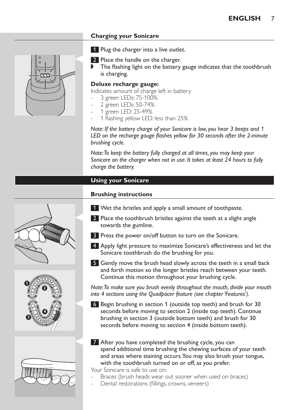 Using your sonicare, Brushing instructions, Personalizing your brushing experience | Brushing modes, Clean mode | Philips 900 Series User Manual | Page 7 / 44