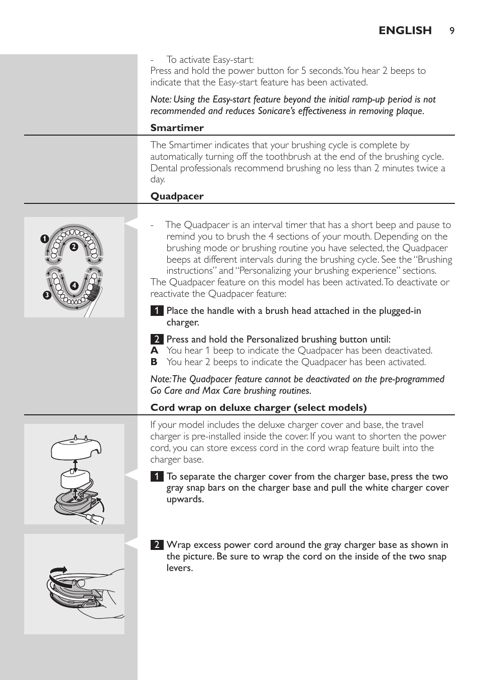 Quadpacer, Cord wrap on deluxe charger (select models) | Philips 900 Series User Manual | Page 9 / 44