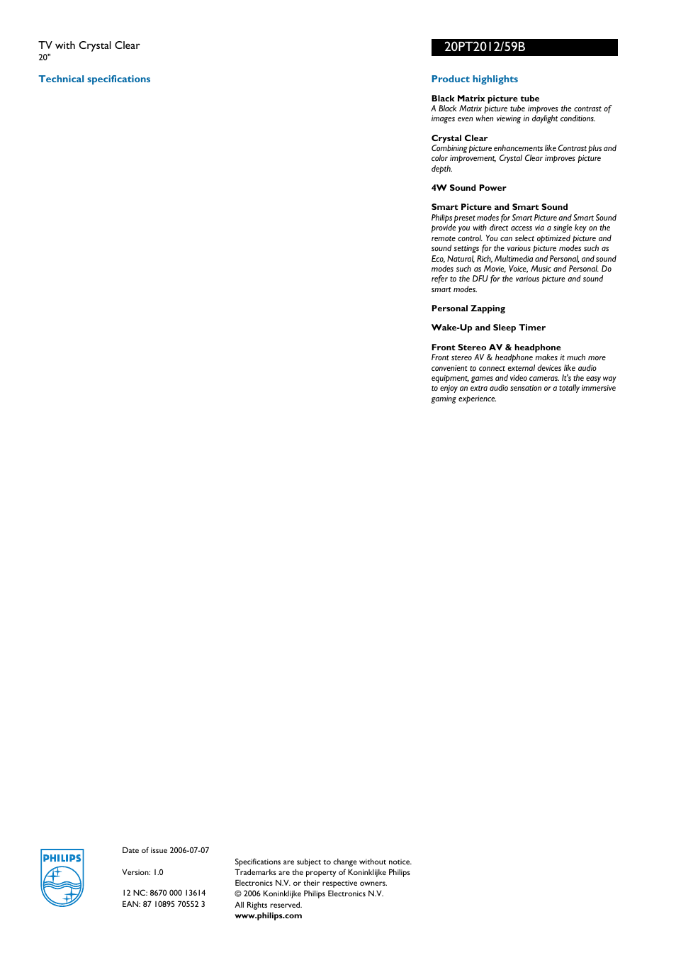 For preview purpose only | Philips 20PT2012/59B User Manual | Page 2 / 2
