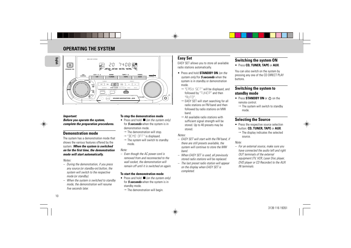 Operating the system, Demonstration mode, Easy set | Switching the system on, Switching the system to standby mode, Selecting the source | Philips FW-C30/21 User Manual | Page 10 / 24