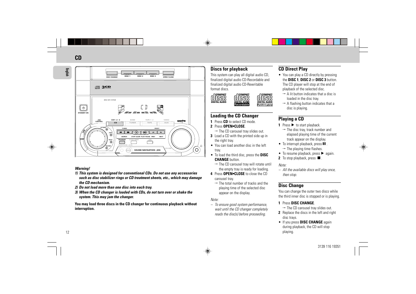 Discs for playback, Loading the cd changer, Cd direct play | Playing a cd, Disc change | Philips FW-C30/21 User Manual | Page 12 / 24