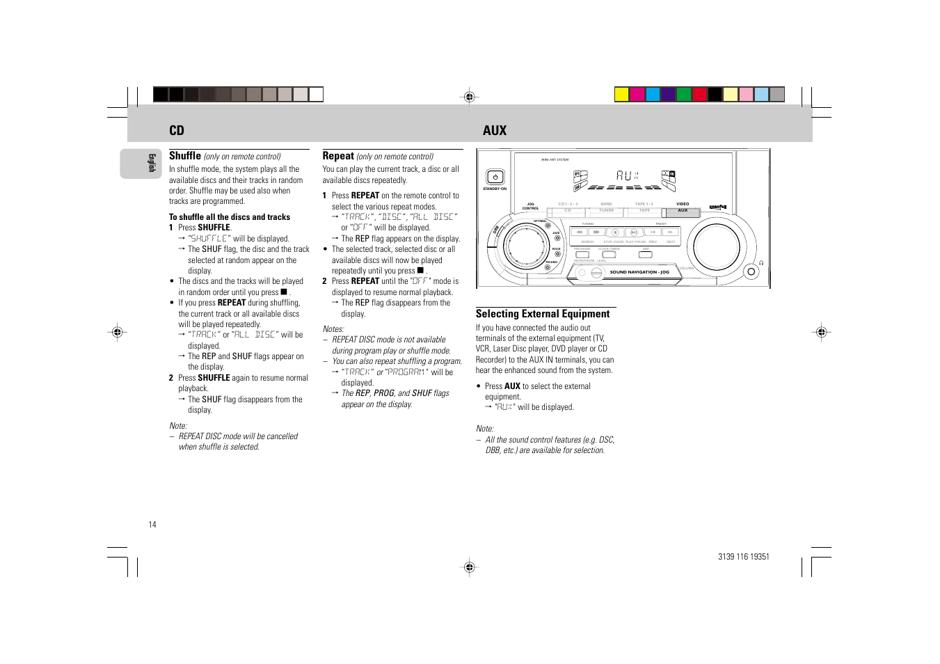 Cd aux, Repeat, Shuffle | Selecting external equipment | Philips FW-C30/21 User Manual | Page 14 / 24