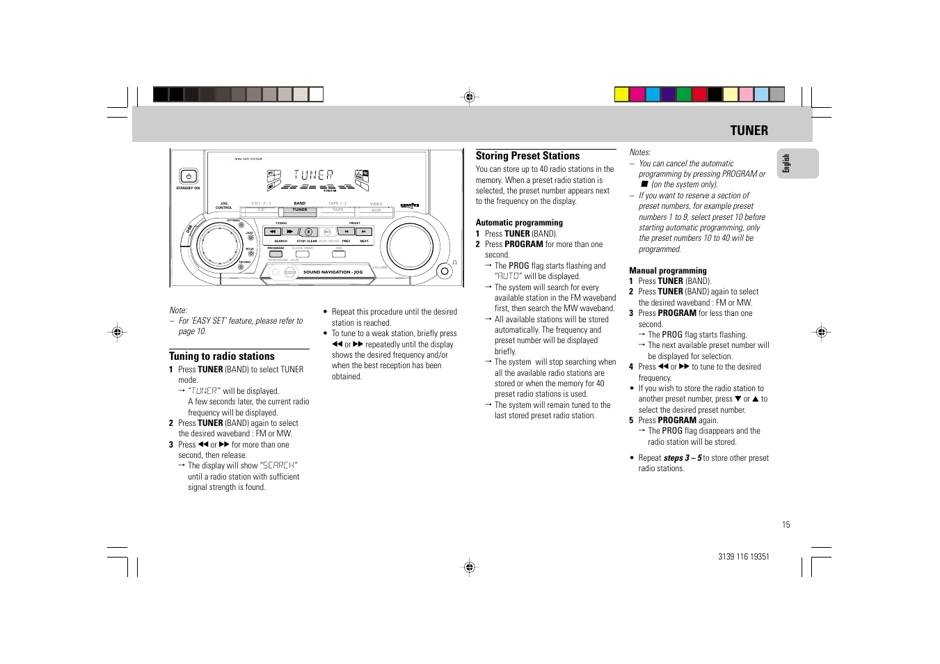 Tuner, Tuning to radio stations, Storing preset stations | Philips FW-C30/21 User Manual | Page 15 / 24