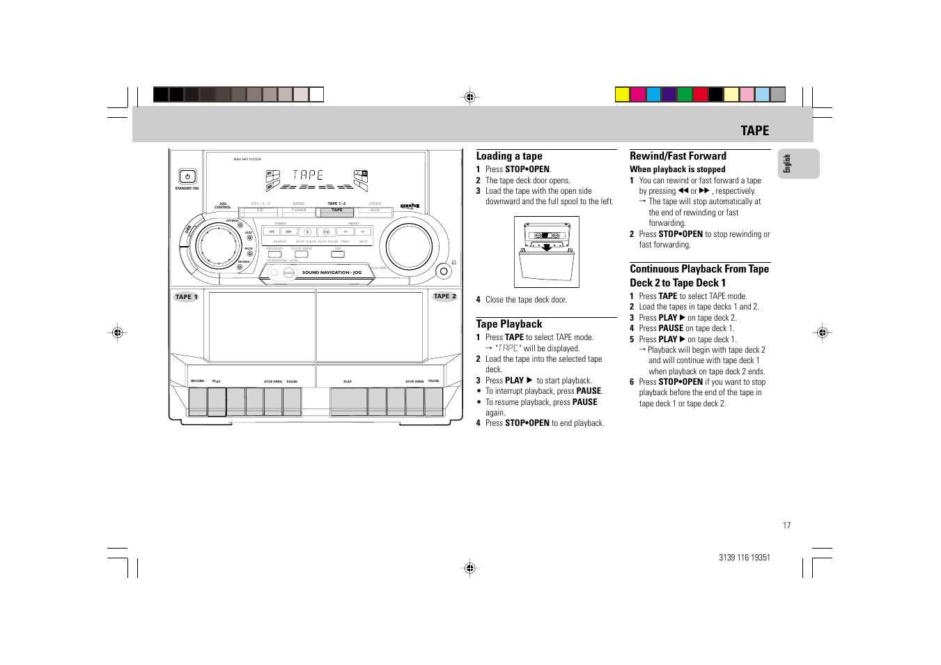 Tape, Loading a tape, Tape playback | Rewind/fast forward | Philips FW-C30/21 User Manual | Page 17 / 24