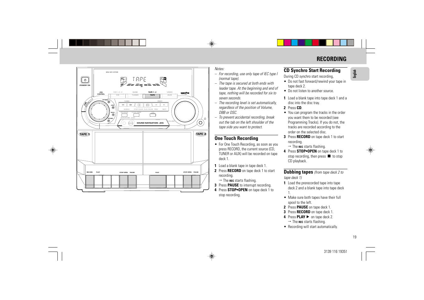 Recording, One touch recording, Cd synchro start recording | Dubbing tapes | Philips FW-C30/21 User Manual | Page 19 / 24