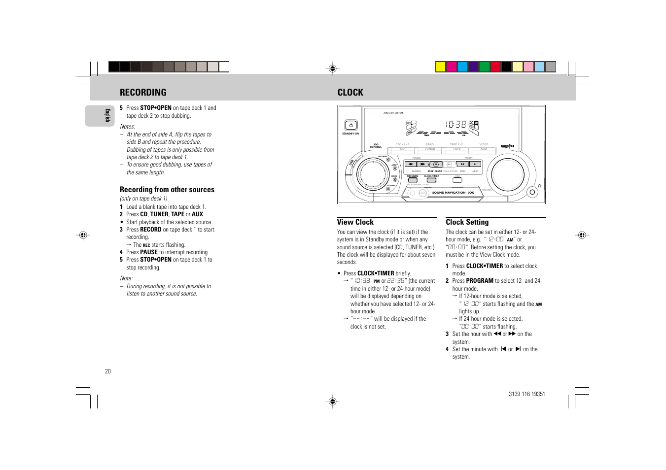 Recording clock, View clock, Clock setting | Recording from other sources | Philips FW-C30/21 User Manual | Page 20 / 24