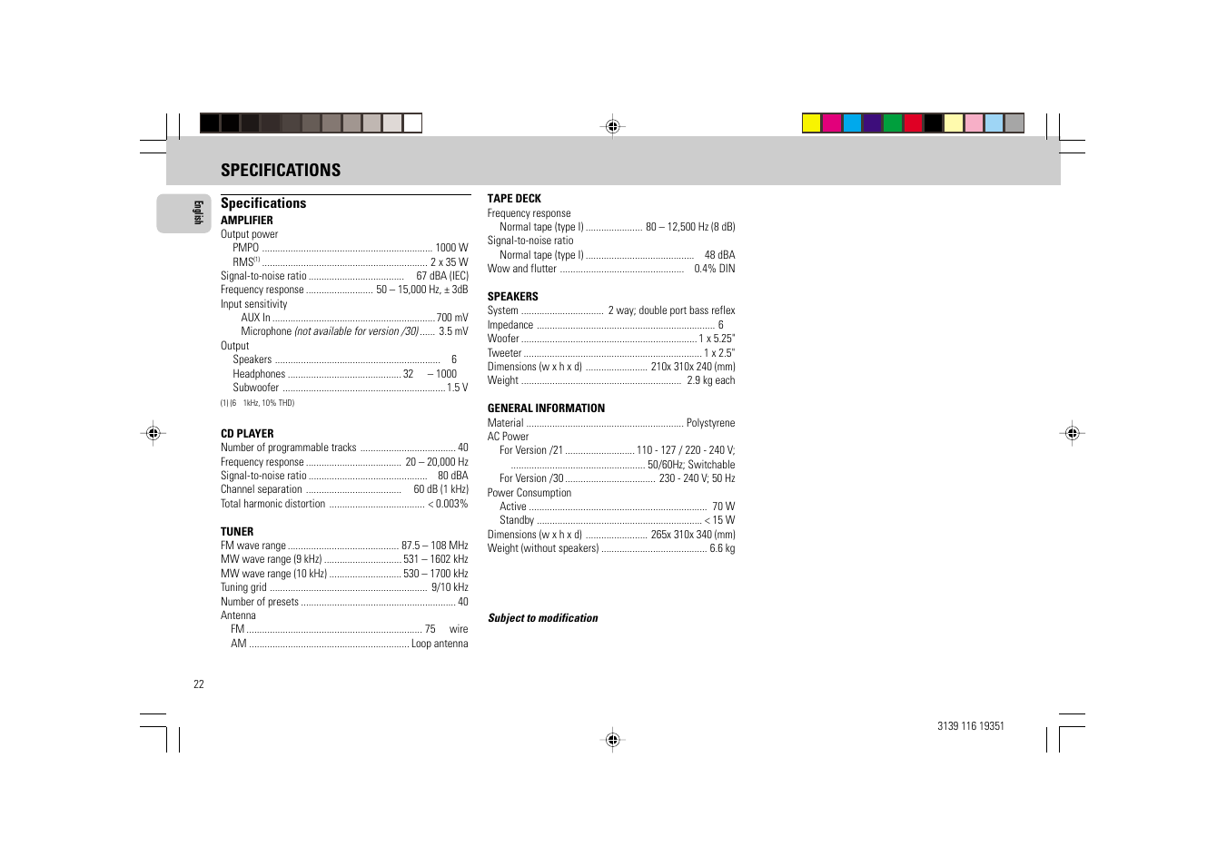 Specifications | Philips FW-C30/21 User Manual | Page 22 / 24