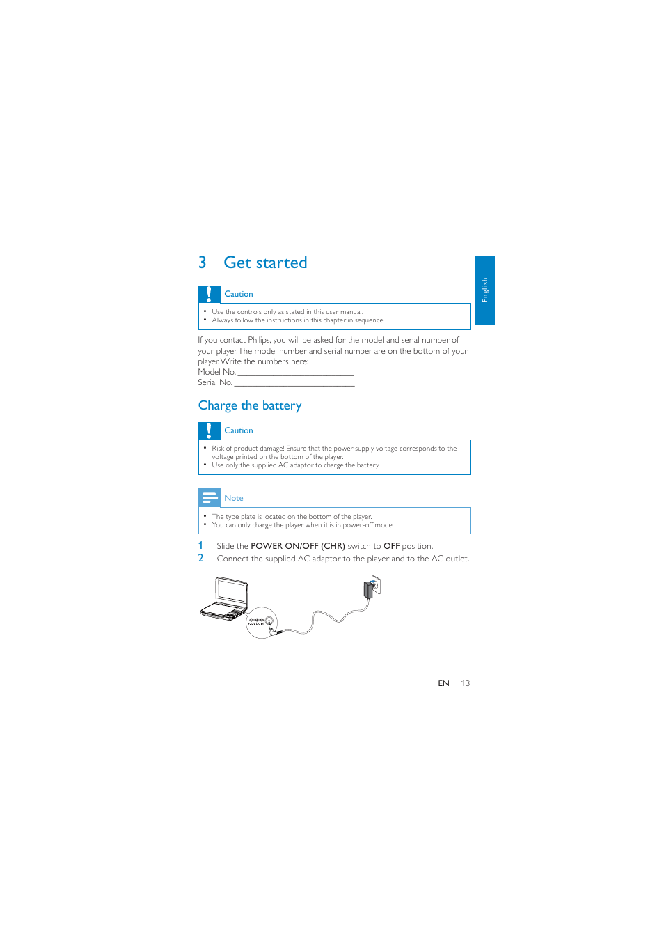 3 get started, Charge the battery | Philips PD7010/93 User Manual | Page 12 / 18