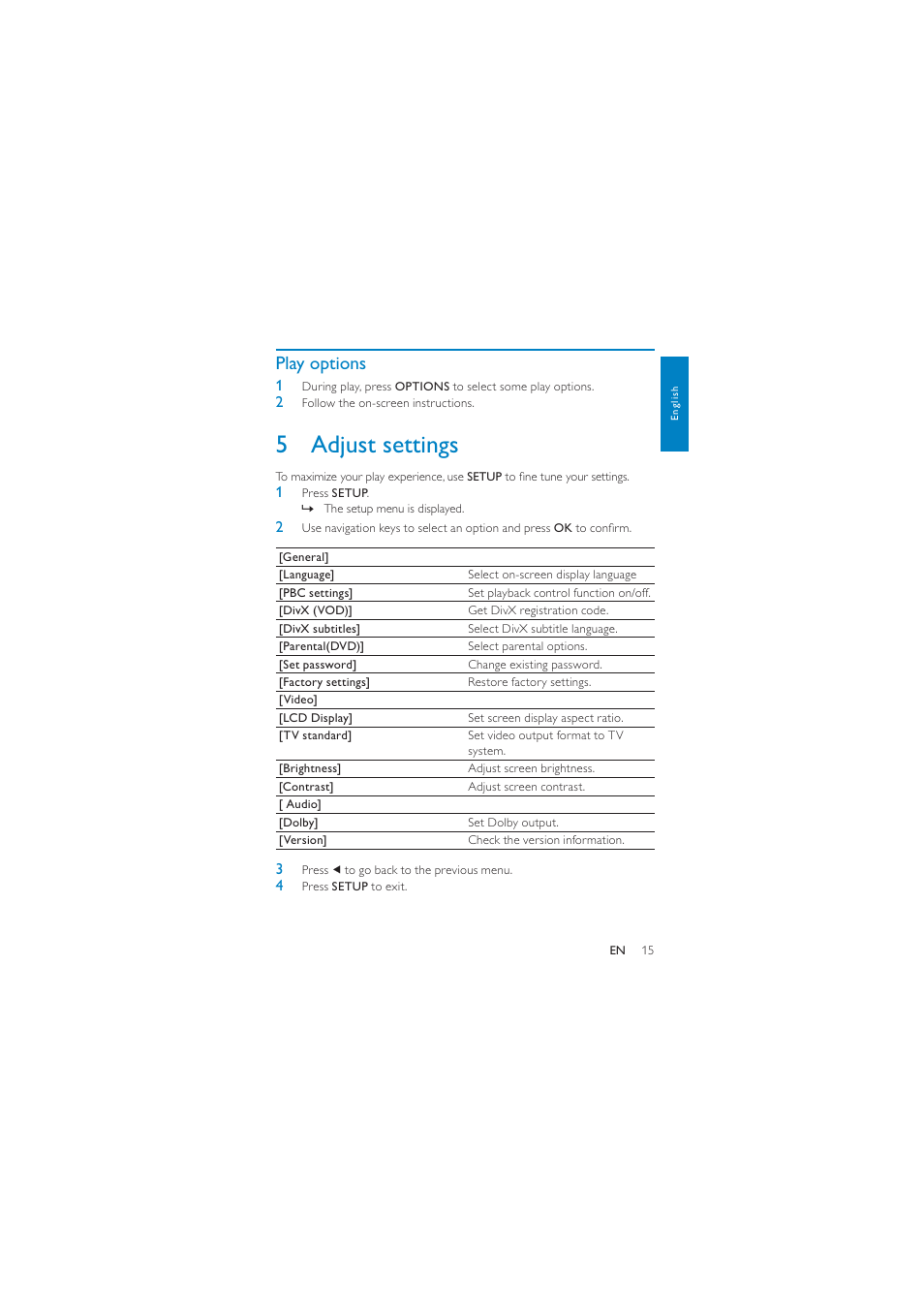 5 adjust settings, Play options | Philips PD7010/93 User Manual | Page 14 / 18