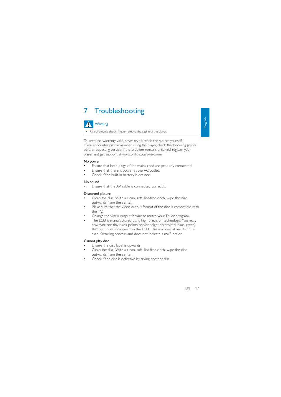 7 troubleshooting | Philips PD7010/93 User Manual | Page 16 / 18