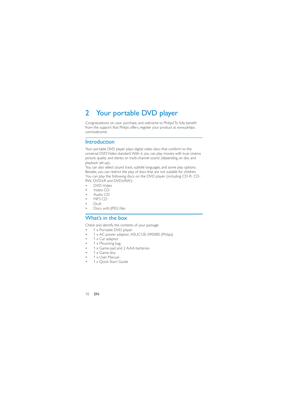 2 your portable dvd player, Introduction, What’s in the box | Philips PD7010/93 User Manual | Page 9 / 18
