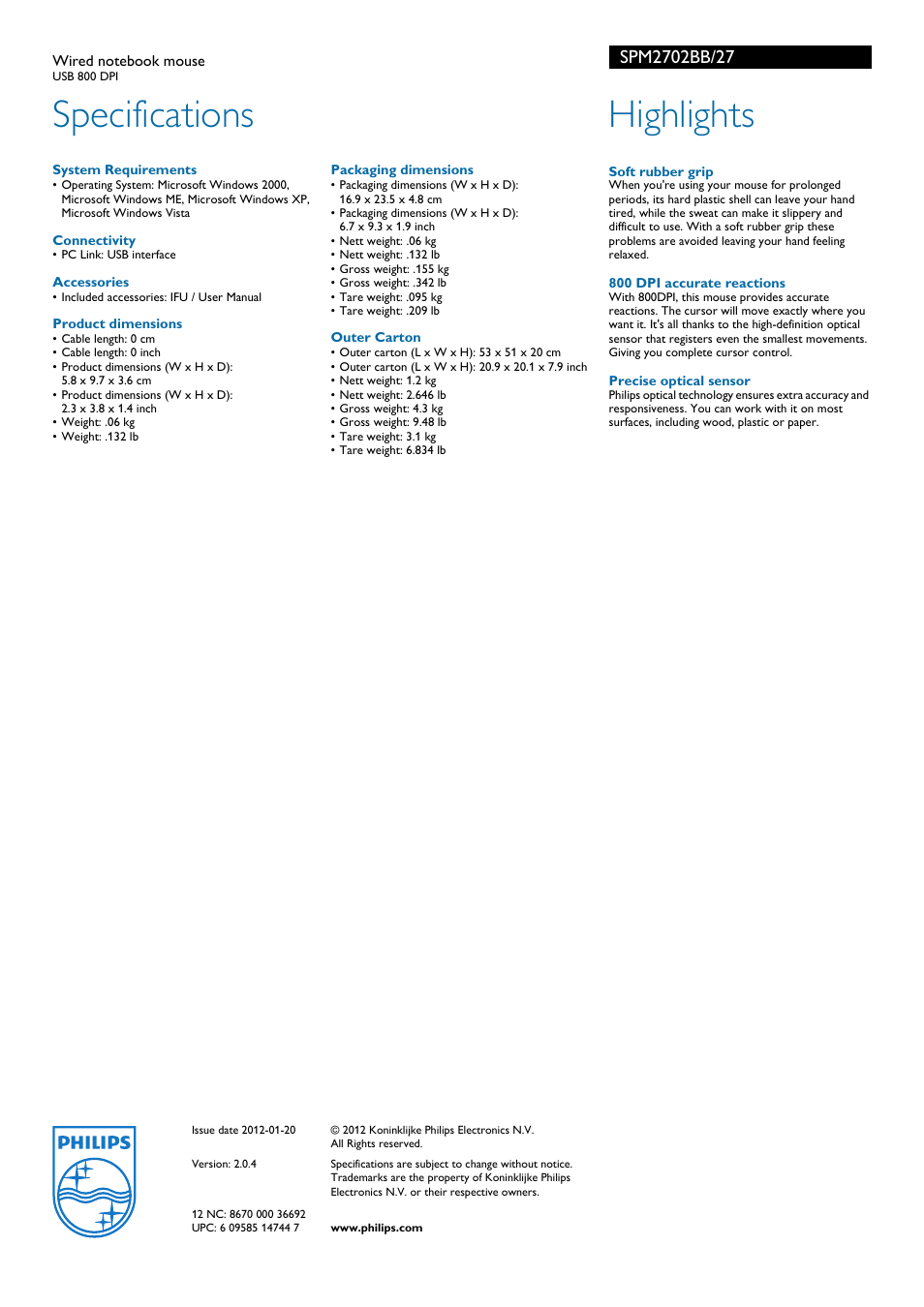 Specifications, Highlights | Philips SPM2702BB User Manual | Page 2 / 2