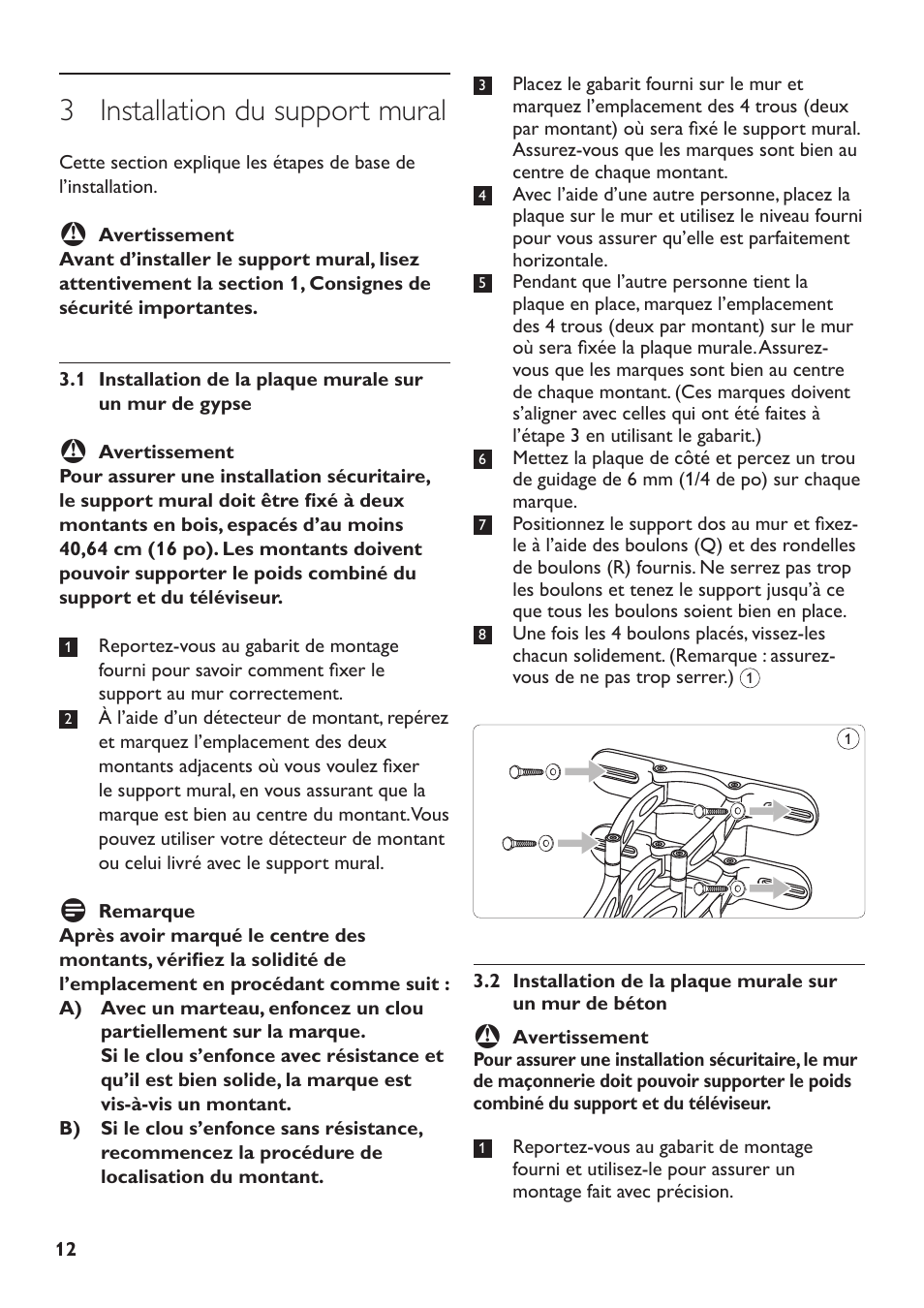 3 installation du support mural | Philips SQM5572/27 User Manual | Page 12 / 23