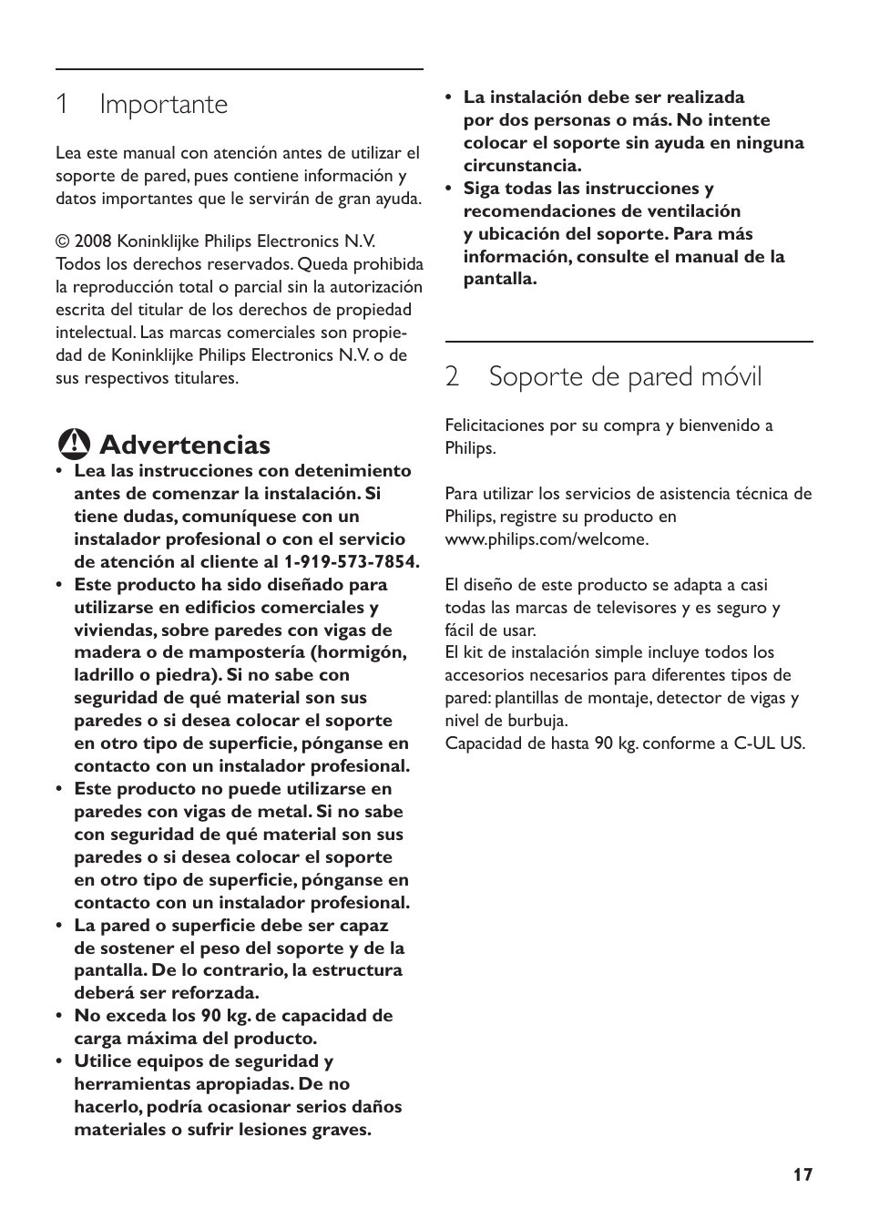 1 importante, 2 soporte de pared móvil, Advertencias | Philips SQM5572/27 User Manual | Page 17 / 23