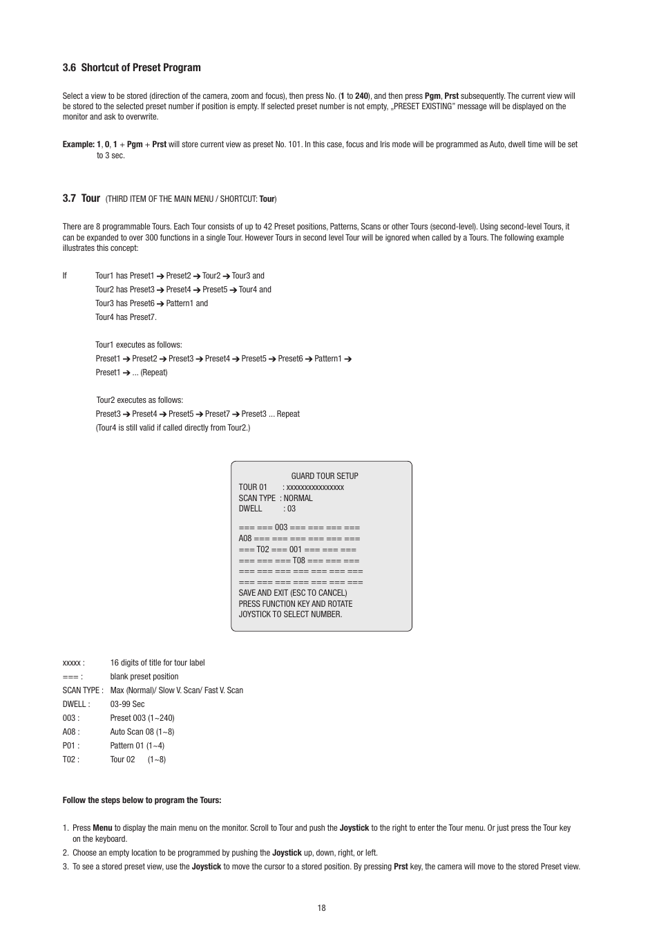 6 shortcut of preset program, 7 tour | Philips Video Camera User Manual | Page 18 / 34