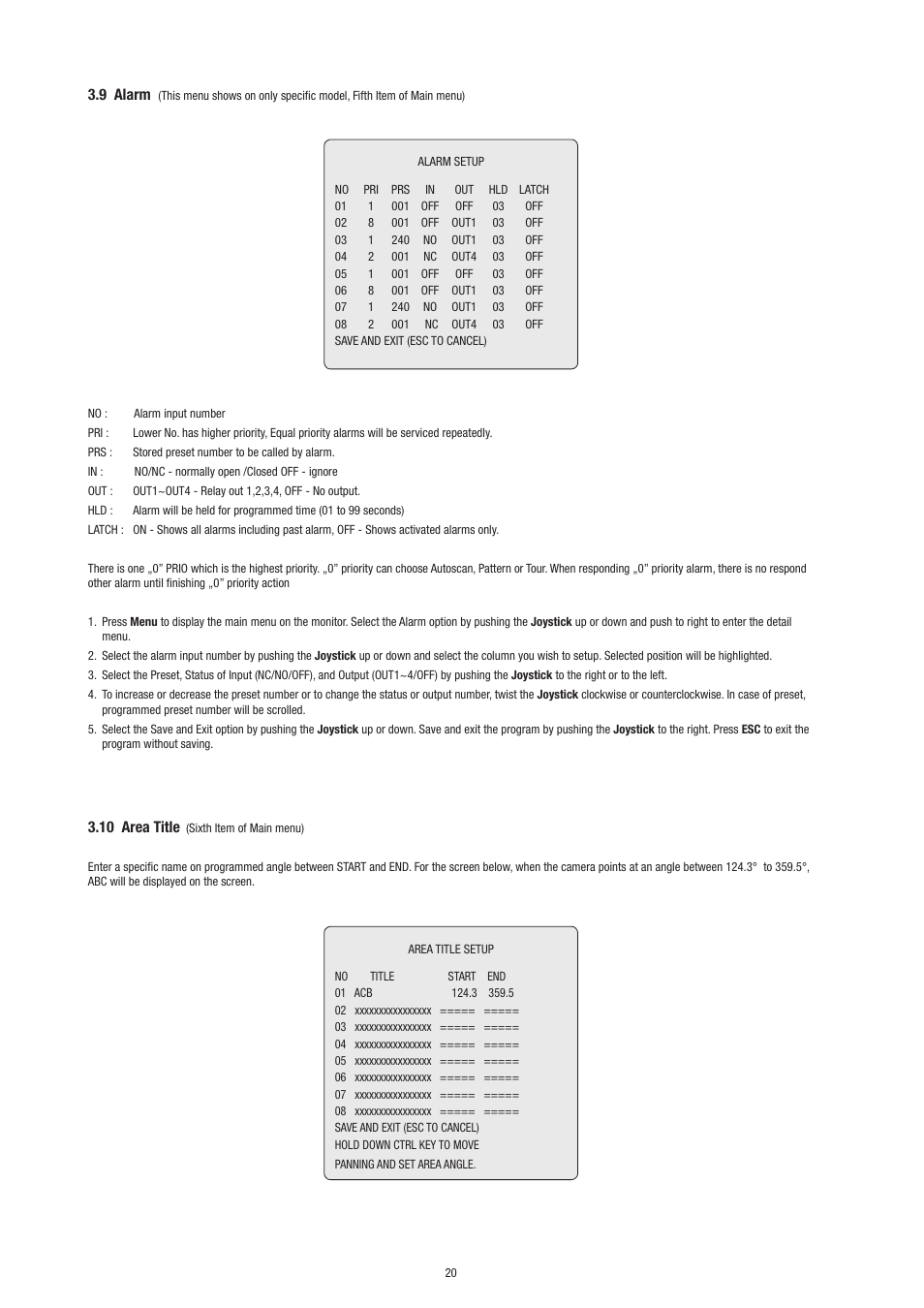 9 alarm, 10 area title | Philips Video Camera User Manual | Page 20 / 34