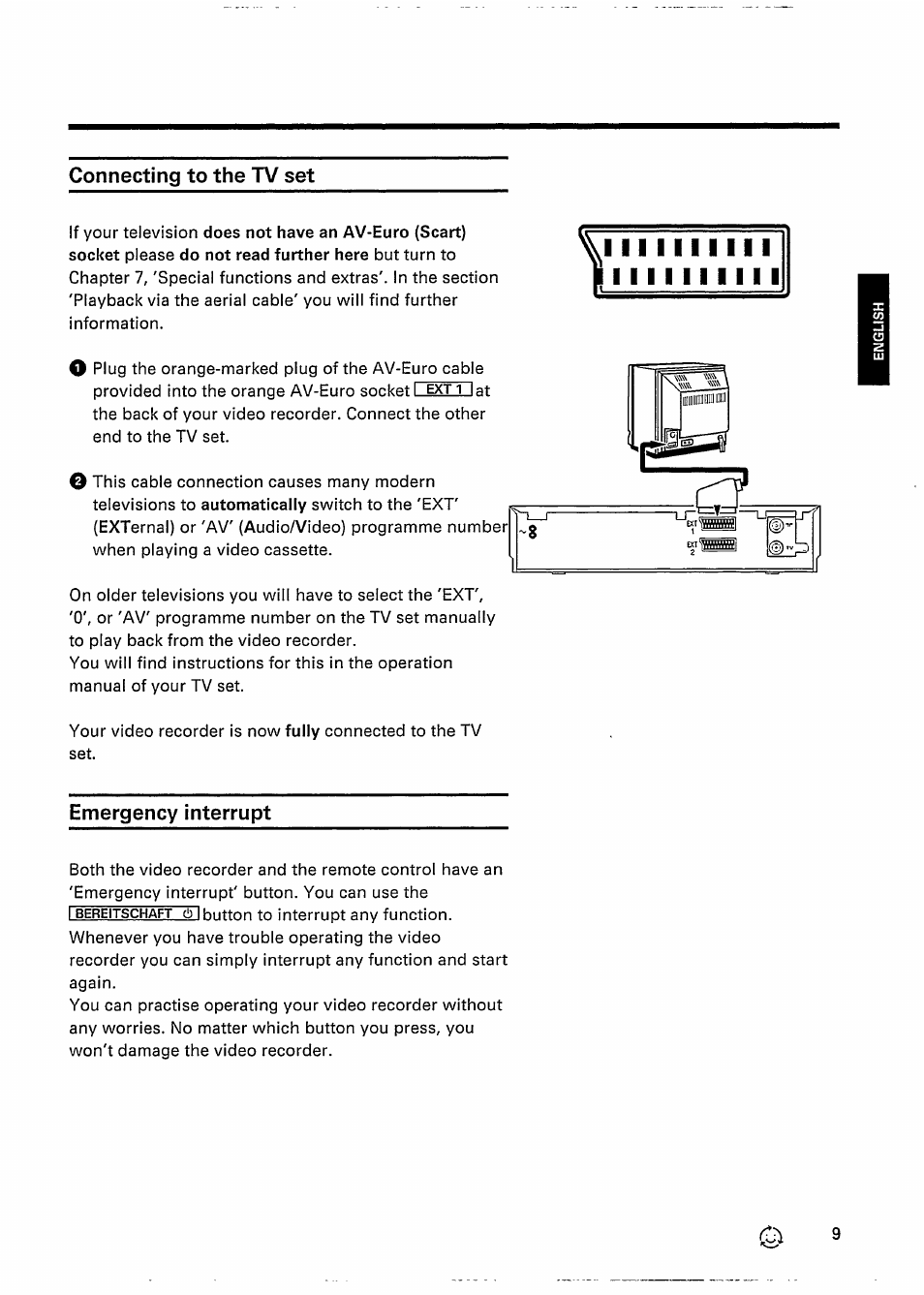 Connecting to the tv set, Emergency interrupt | Philips VR 337 User Manual | Page 12 / 49