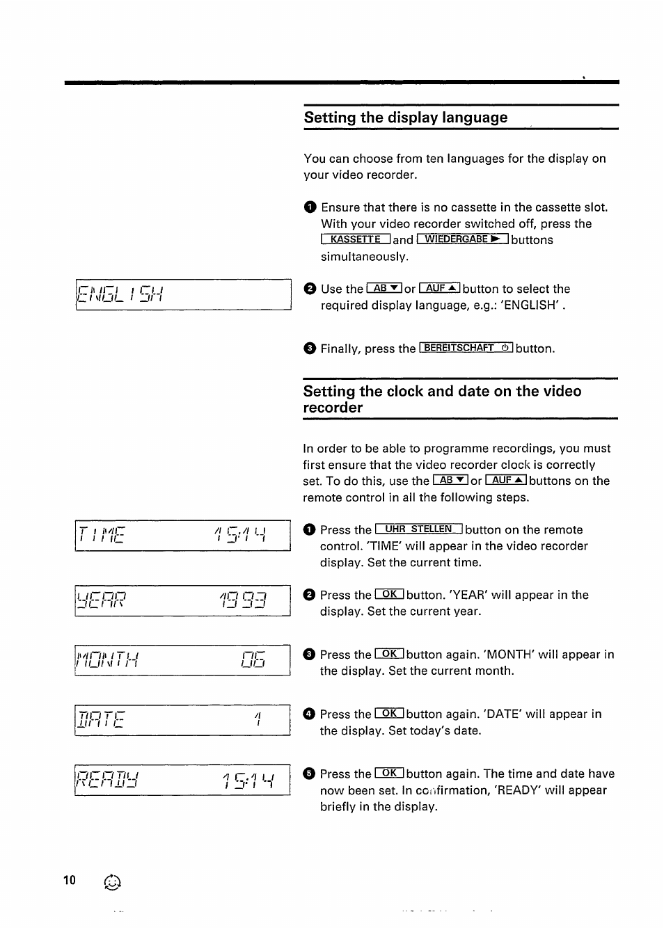 Setting the display language, Setting the clock and date on the video recorder | Philips VR 337 User Manual | Page 13 / 49