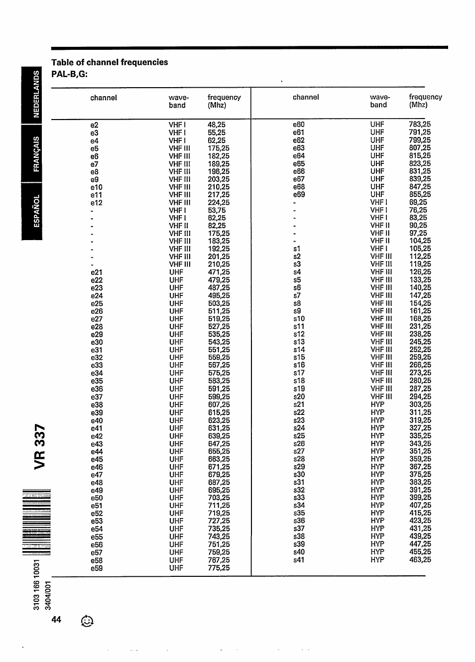 Table of channel frequencies pal-b,g | Philips VR 337 User Manual | Page 3 / 49