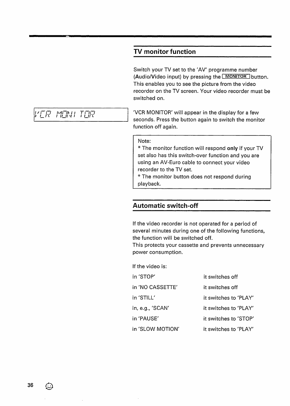 Tv monitor function, Automatic switch-off, Tv monitor function l / r n | T n o | Philips VR 337 User Manual | Page 39 / 49