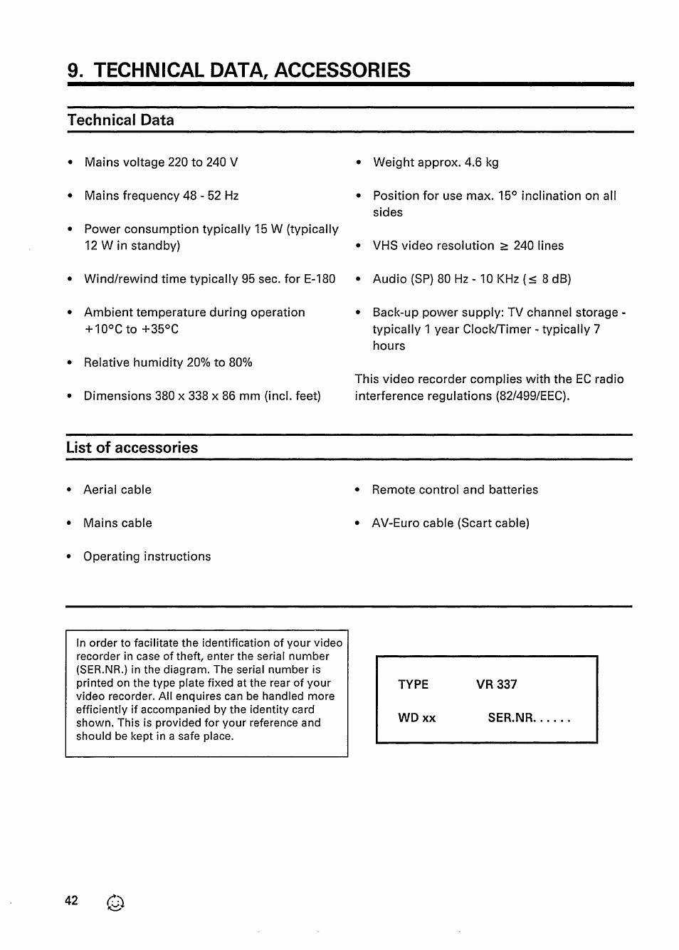 Technical data, accessories, Technical data, List of accessories | Philips VR 337 User Manual | Page 45 / 49