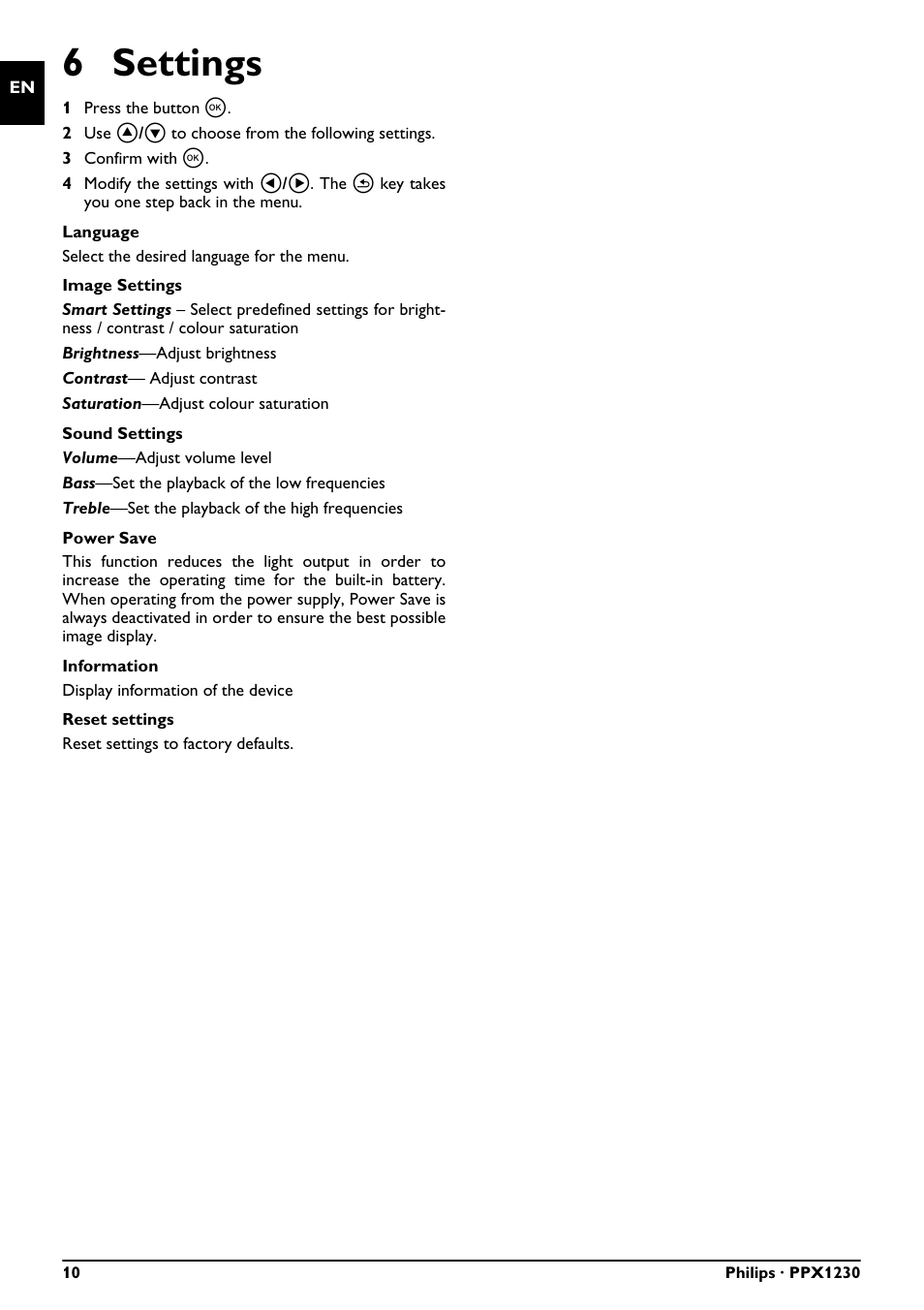 6 settings | Philips PICOPIX PPX1230 User Manual | Page 10 / 16