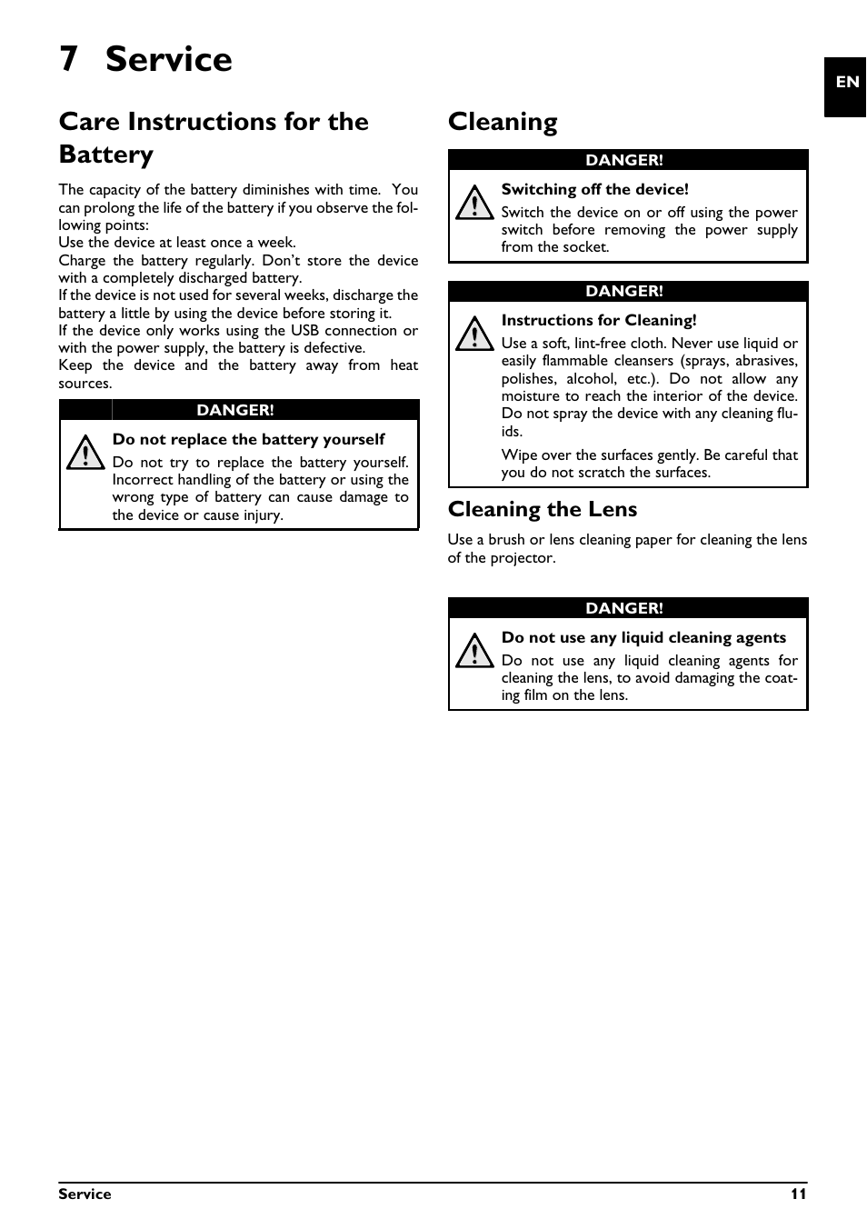 7 service, Care instructions for the battery, Cleaning | Cleaning the lens, Care instructions for the battery cleaning | Philips PICOPIX PPX1230 User Manual | Page 11 / 16