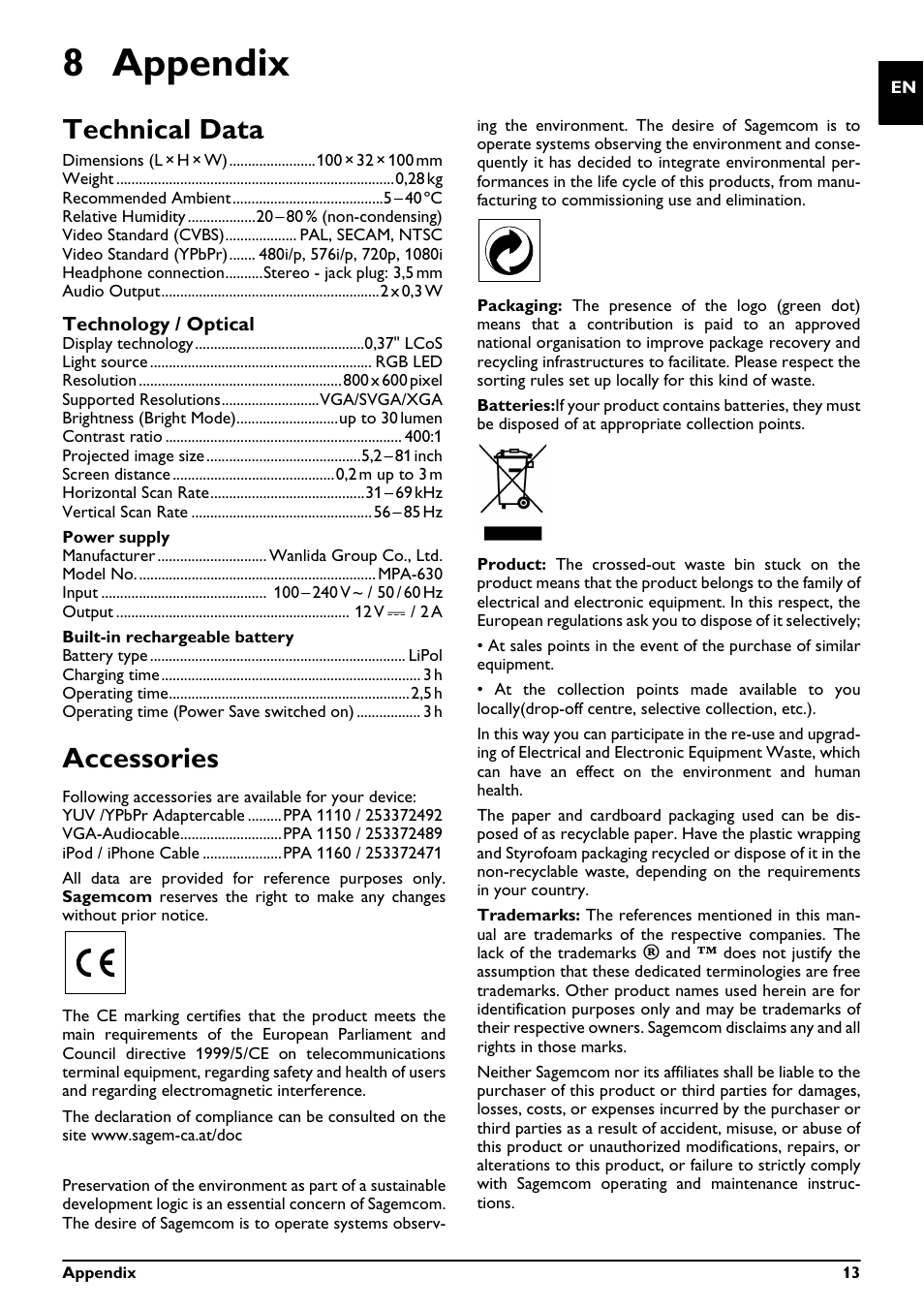 8 appendix, Technical data, Accessories | Technical data accessories, Technology / optical | Philips PICOPIX PPX1230 User Manual | Page 13 / 16