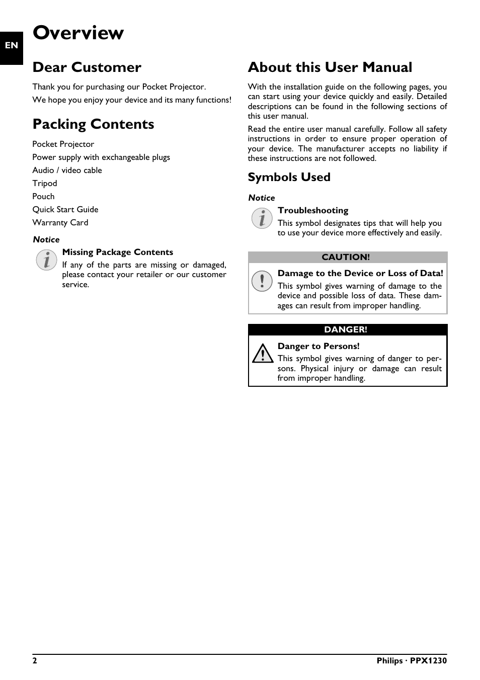 Overview, Dear customer, Packing contents | About this user manual, Symbols used | Philips PICOPIX PPX1230 User Manual | Page 2 / 16