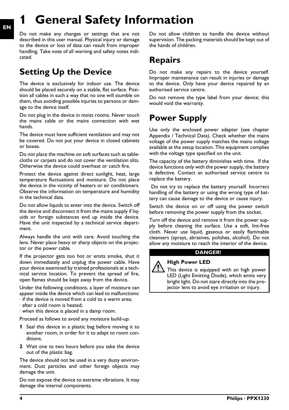 1 general safety information, Setting up the device, Repairs | Power supply, Setting up the device repairs power supply, High power led | Philips PICOPIX PPX1230 User Manual | Page 4 / 16