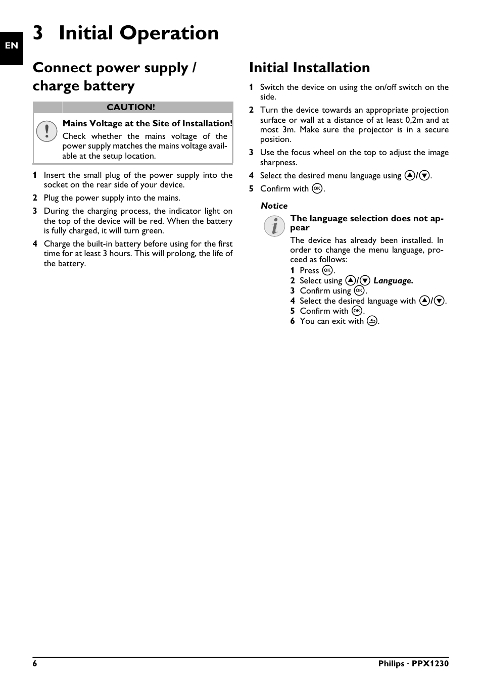 3 initial operation, Connect power supply / charge battery, Initial installation | Philips PICOPIX PPX1230 User Manual | Page 6 / 16