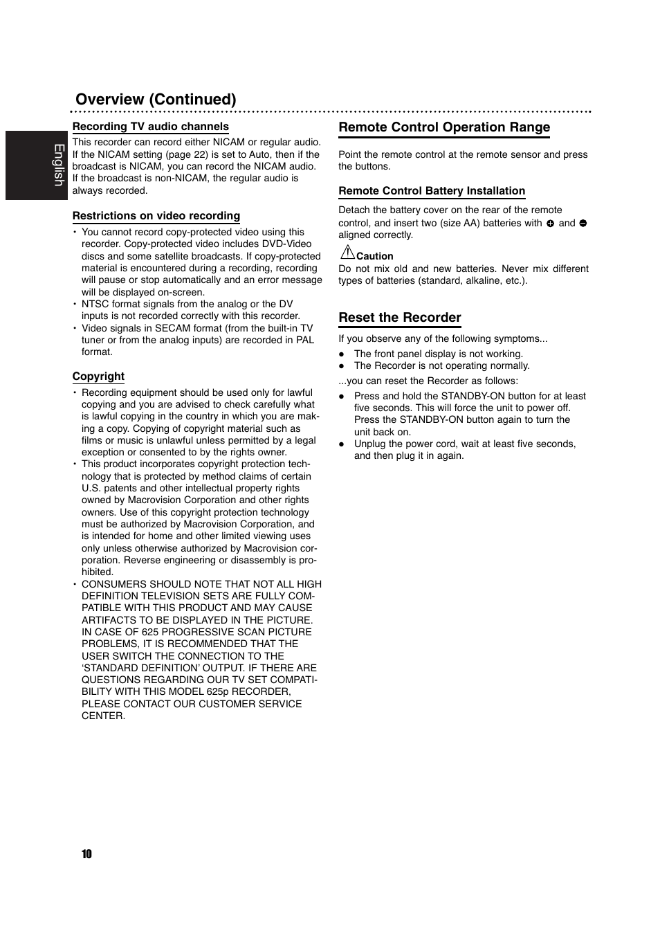 Overview (continued), English, Remote control operation range | Reset the recorder | Philips DVDR630VR User Manual | Page 10 / 60