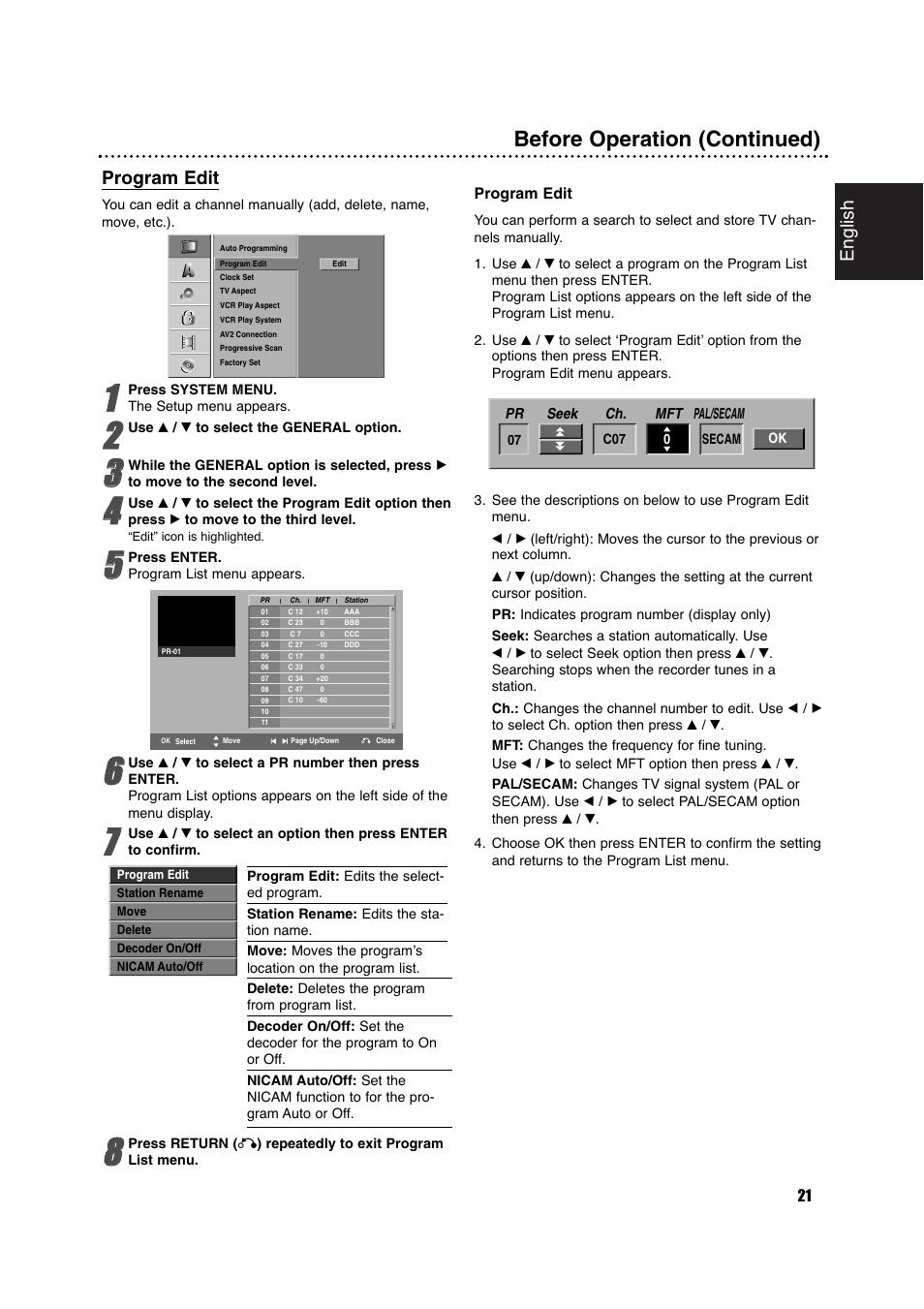 Before operation (continued), English, Program edit | Philips DVDR630VR User Manual | Page 21 / 60