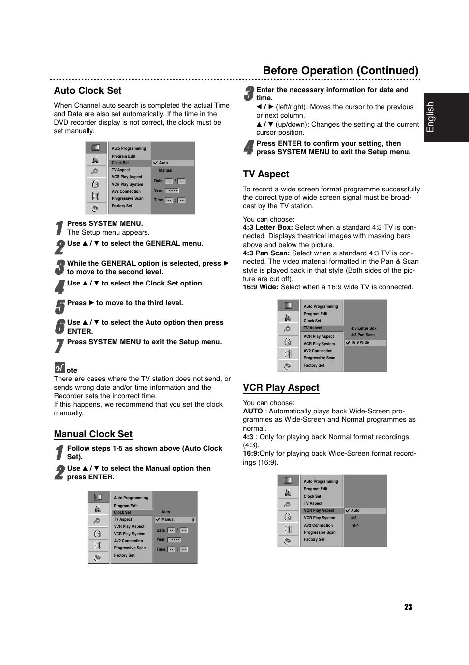 Before operation (continued), English, Auto clock set | Manual clock set, Tv aspect, Vcr play aspect | Philips DVDR630VR User Manual | Page 23 / 60