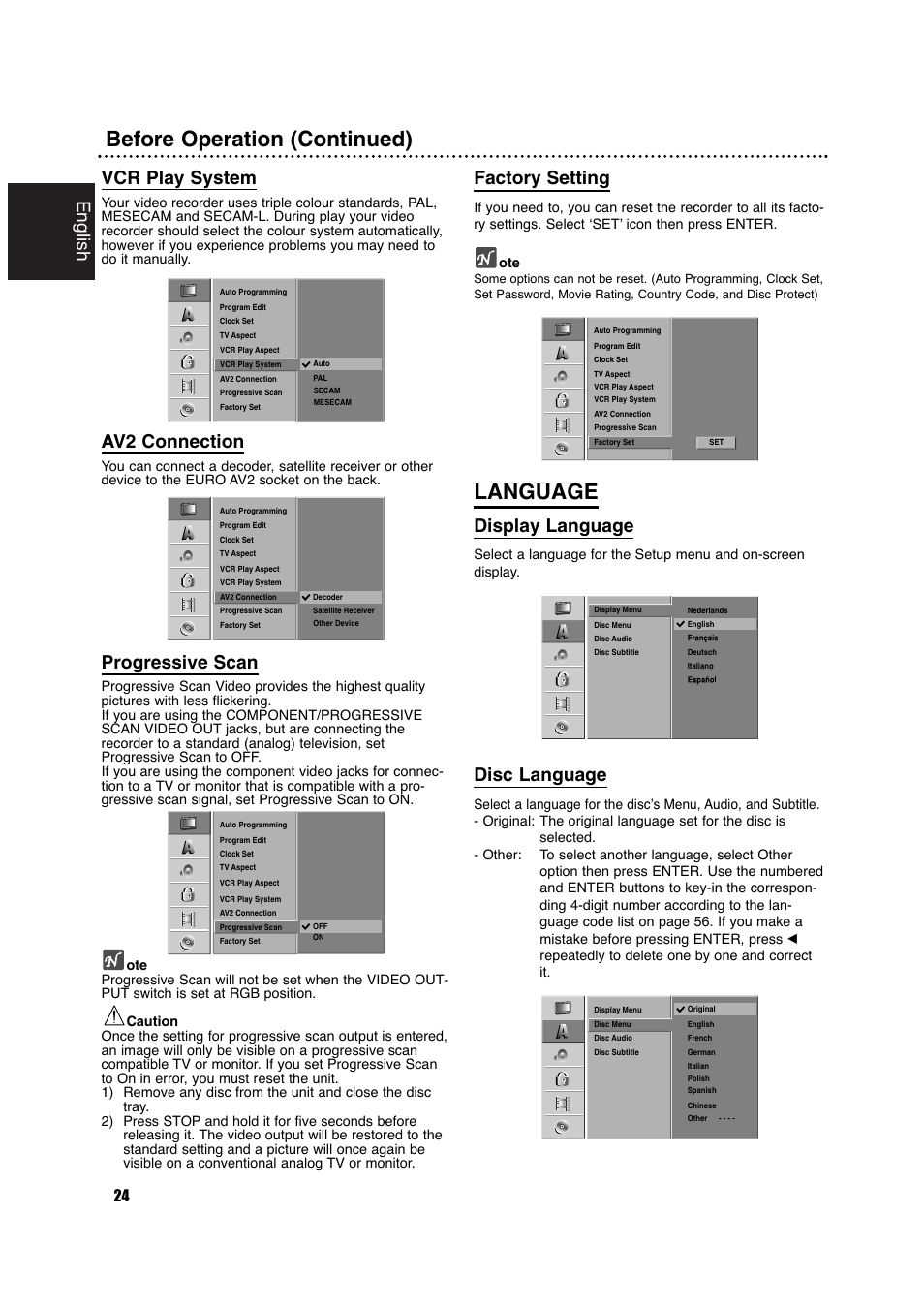 Before operation (continued), Language, English | Vcr play system, Av2 connection, Progressive scan, Factory setting, Display language, Disc language | Philips DVDR630VR User Manual | Page 24 / 60