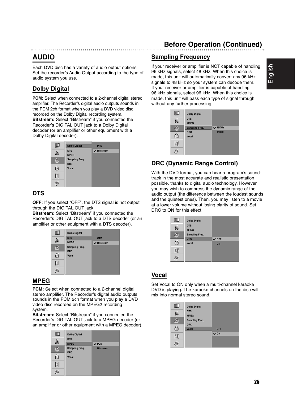 Before operation (continued) audio, English, Dolby digital | Mpeg, Sampling frequency, Drc (dynamic range control), Vocal | Philips DVDR630VR User Manual | Page 25 / 60