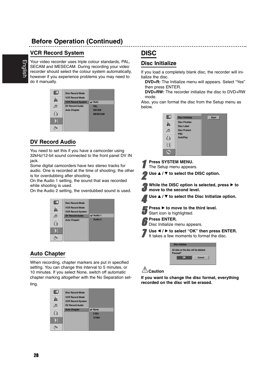 Before operation (continued), Disc, English | Vcr record system, Dv record audio, Auto chapter, Disc initialize | Philips DVDR630VR User Manual | Page 28 / 60
