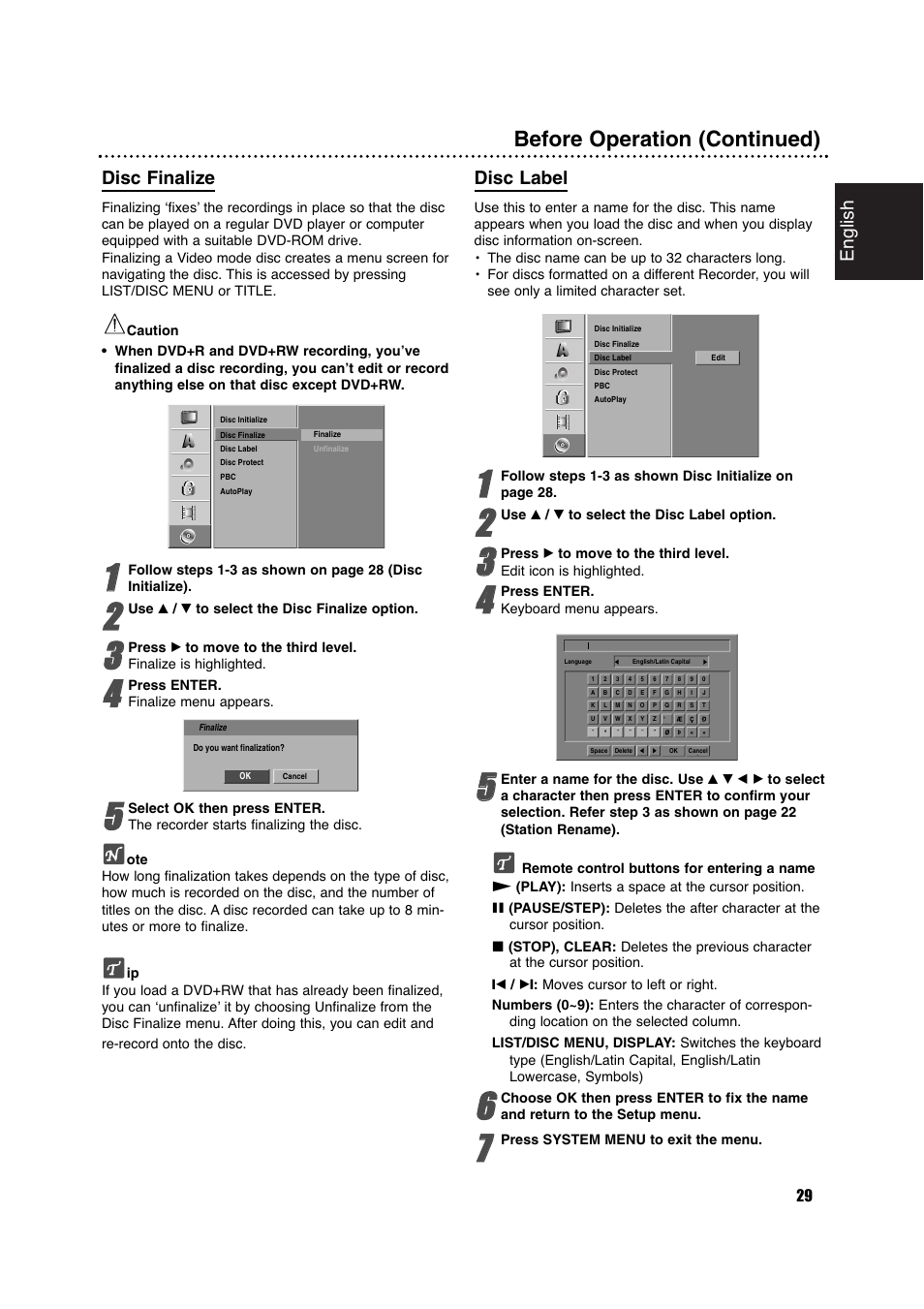 Before operation (continued), English, Disc finalize | Disc label | Philips DVDR630VR User Manual | Page 29 / 60