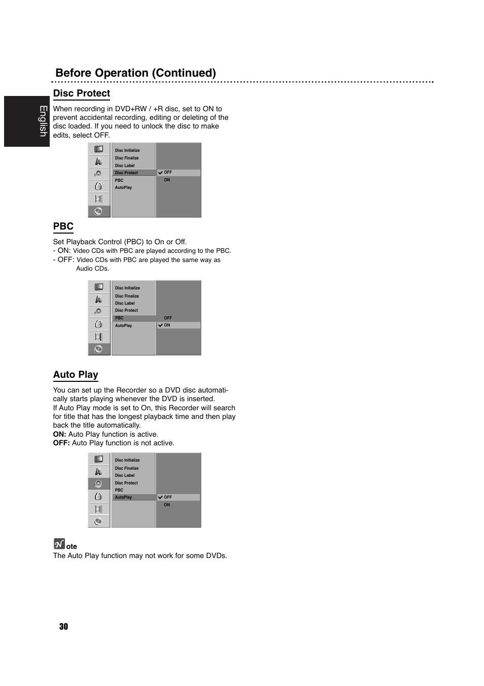 Before operation (continued), English, Disc protect | Auto play | Philips DVDR630VR User Manual | Page 30 / 60
