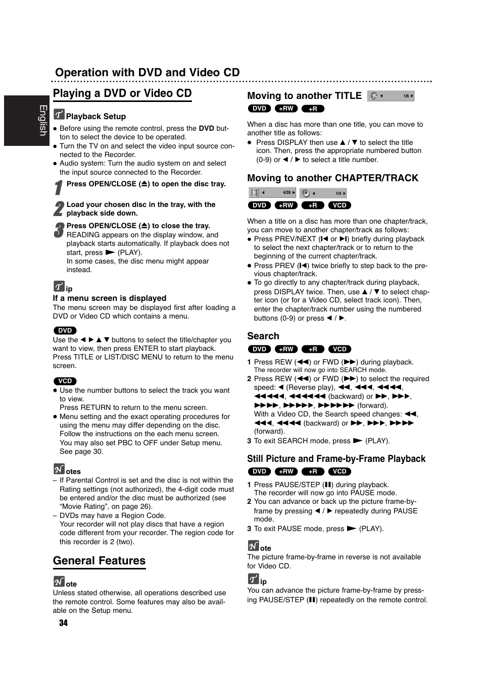 General features, English, Moving to another title | Moving to another chapter/track, Search, Still picture and frame-by-frame playback | Philips DVDR630VR User Manual | Page 34 / 60