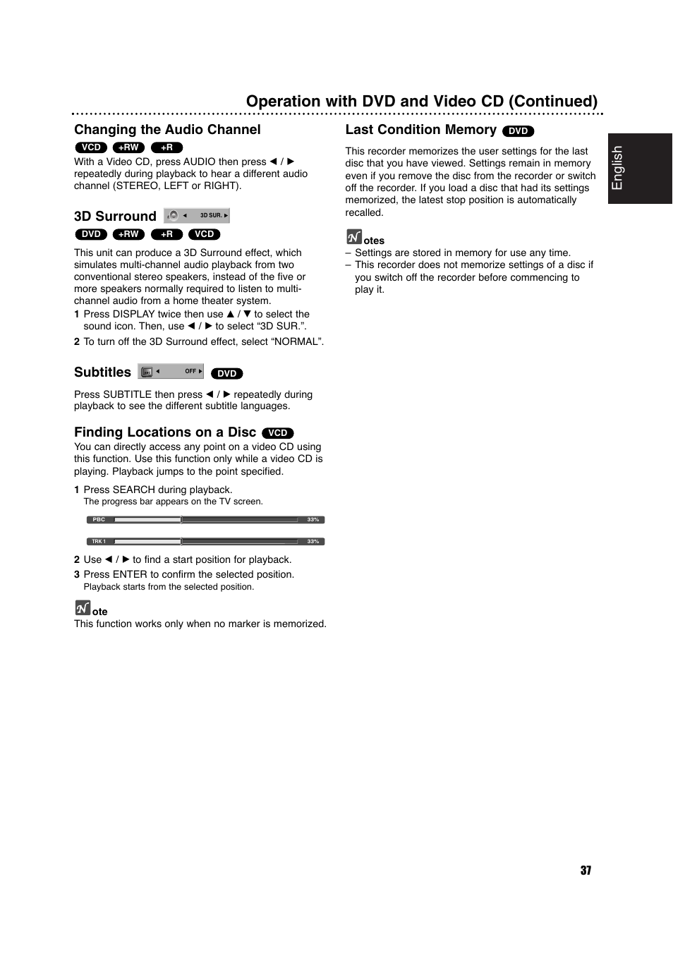 Operation with dvd and video cd (continued), English, Changing the audio channel | 3d surround, Subtitles, Finding locations on a disc | Philips DVDR630VR User Manual | Page 37 / 60