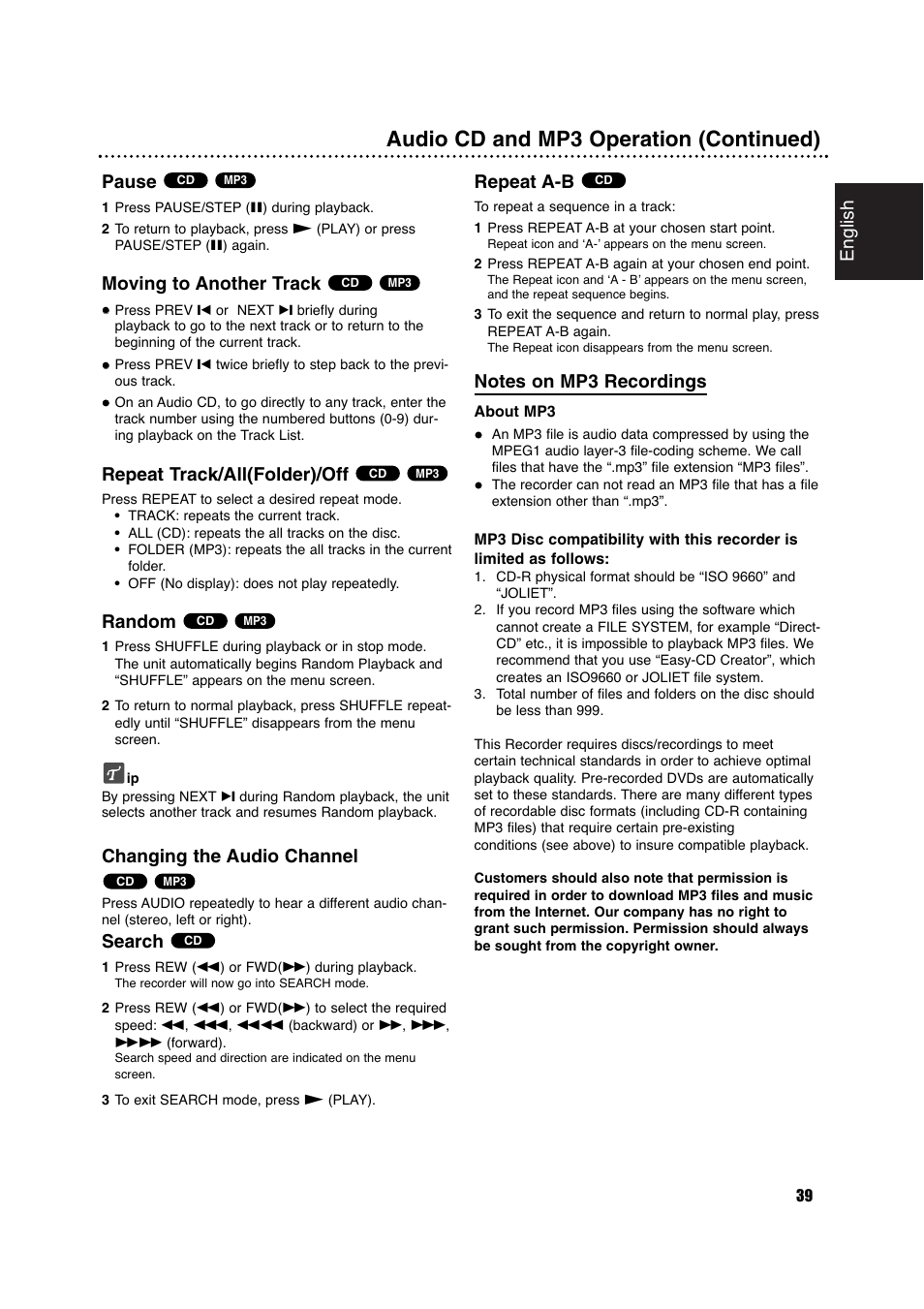 Audio cd and mp3 operation (continued), English, Pause | Moving to another track, Repeat track/all(folder)/off, Random, Changing the audio channel, Search, Repeat a-b | Philips DVDR630VR User Manual | Page 39 / 60