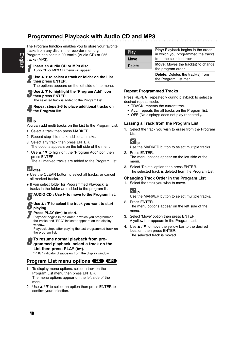 Programmed playback with audio cd and mp3 | Philips DVDR630VR User Manual | Page 40 / 60