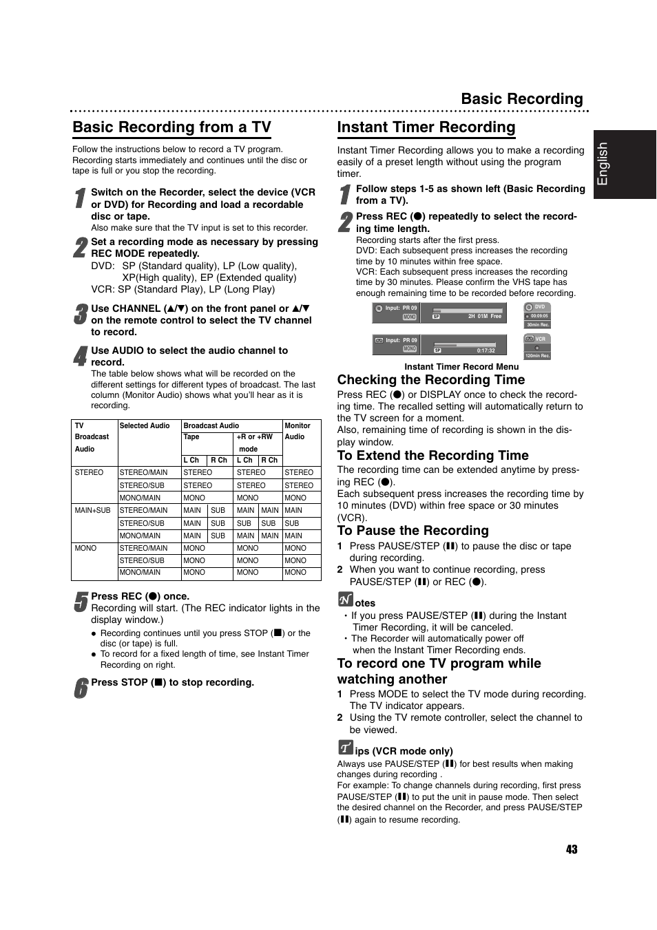 Basic recording basic recording from a tv, Instant timer recording, English | Checking the recording time | Philips DVDR630VR User Manual | Page 43 / 60