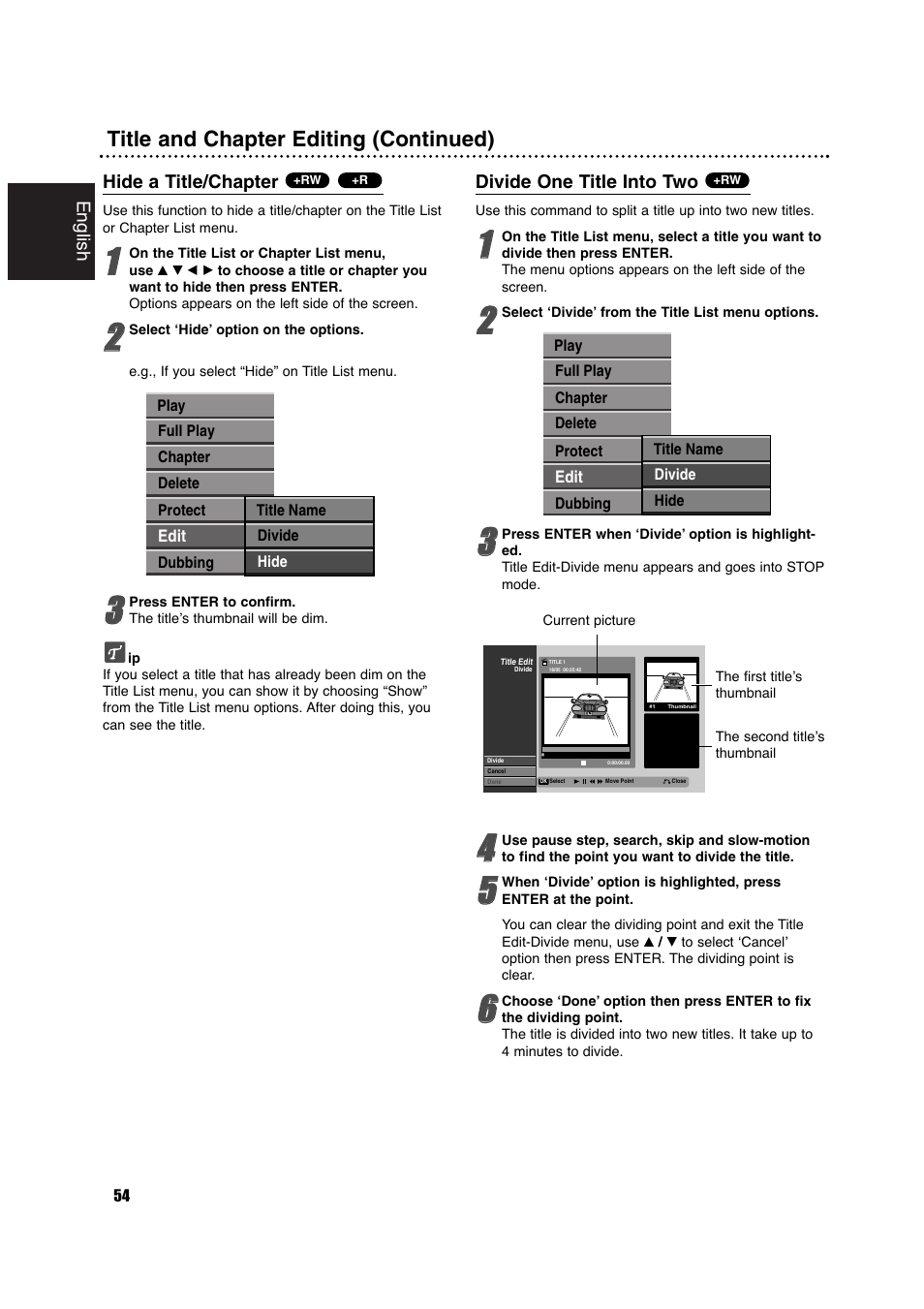 Title and chapter editing (continued) | Philips DVDR630VR User Manual | Page 54 / 60
