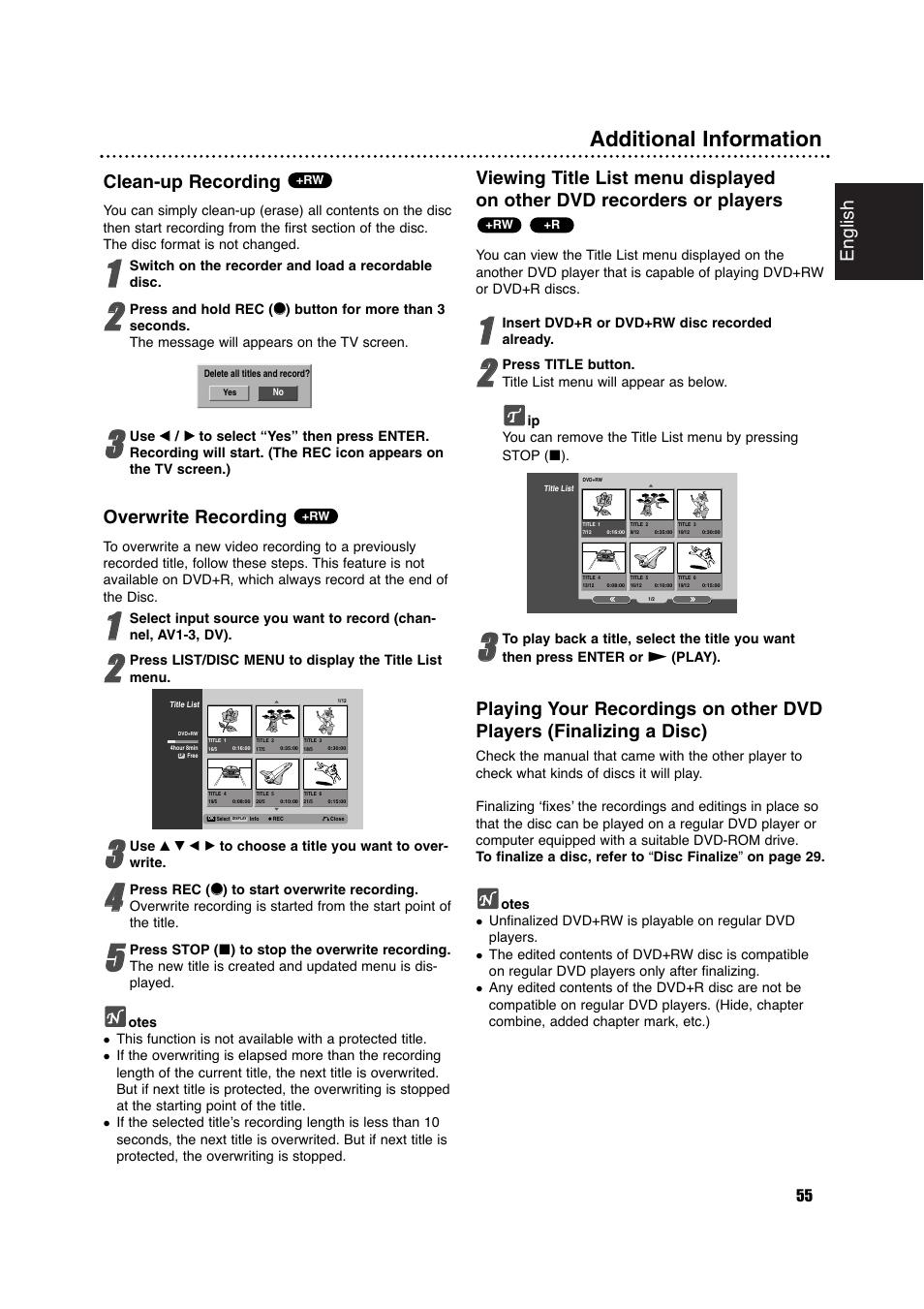 Additional information, English, Clean-up recording | Overwrite recording | Philips DVDR630VR User Manual | Page 55 / 60