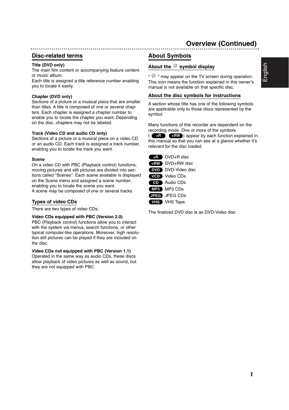 Overview (continued), English, Disc-related terms | About symbols | Philips DVDR630VR User Manual | Page 7 / 60