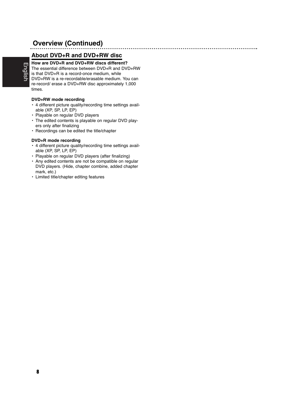 Overview (continued), English, About dvd+r and dvd+rw disc | Philips DVDR630VR User Manual | Page 8 / 60