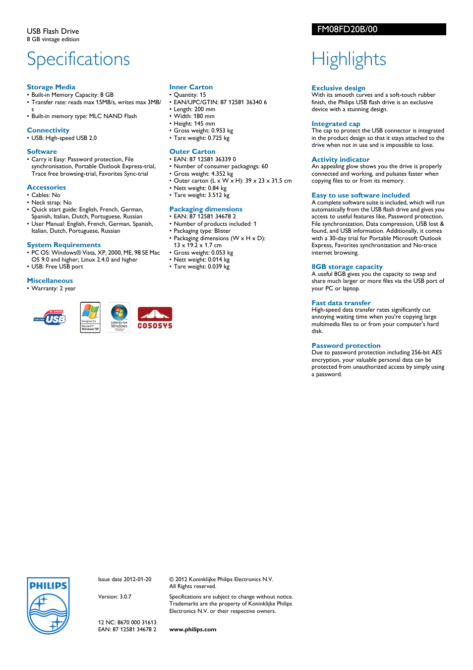 Specifications, Highlights | Philips FM08FD20B User Manual | Page 2 / 2