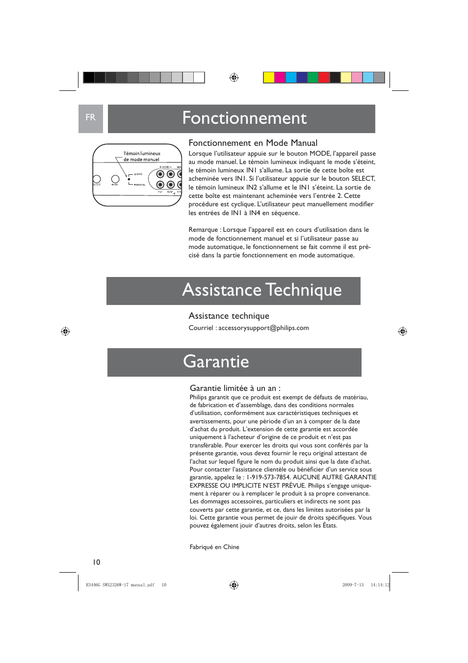 Fonctionnement assistance technique garantie, Fonctionnement en mode manual, Assistance technique | Philips MULTI-VIDEO INPUT SWS2326W/17 User Manual | Page 10 / 12